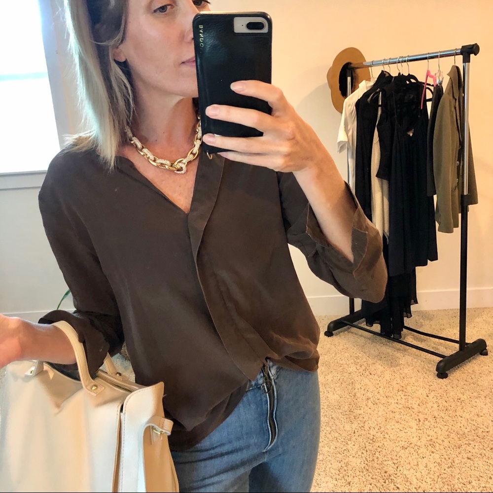 100% Silk blouse chocolate brown tunic top small